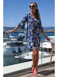 Bleu d'Azur Sukienka "Zita" w kolorze niebiesko-białym rozmiar: 48. Białe sukienki damskie Bleu d'Azur, na co dzień, w ażurowe wzory, klasyczne, bez kołnierzyka, bez ramiączek, midi, proste. Za 143.56 zł.