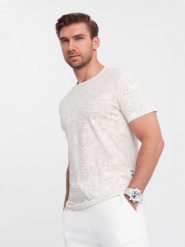 T-shirt męski fullprint w liście palmy - jasnobeżowy V1 - Rozmiar: M. Brązowe t-shirty męskie Ombre Clothing, m, bez wzorów, z bawełny, bez kołnierzyka. Za 129.99 zł.