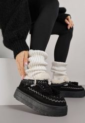 Czarne Śniegowce na Platformie Ozdobione Haftem i Frędzlami Linomis. Czarne śniegowce damskie Renee, z jeansu. Za 119.99 zł.