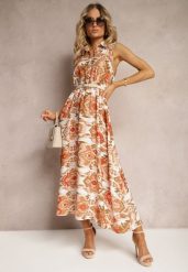 Beżowa Rozkloszowana Sukienka z Ozdobnymi Naszyciami na Dekolcie w Abstrakcyjni Print Flubia. Brązowe sukienki damskie Renee, na imprezę, l, z aplikacjami, eleganckie, bez kołnierzyka, bez ramiączek, maxi, kopertowe. W wyprzedaży za 52.49 zł.
