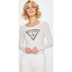 Guess Jeans - Bluzka. Białe bluzki damskie Guess Jeans, m, z aplikacjami, z bawełny, casualowe, bez kołnierzyka, bez ramiączek. W wyprzedaży za 159.90 zł.
