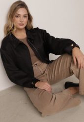 Czarna Kurtka Typu Bomberka Ozdobiona Kołnierzykiem Tellavan. Czarne kurtki damskie Born2be, l, bez wzorów, z jeansu, bez kaptura. Za 169.99 zł.