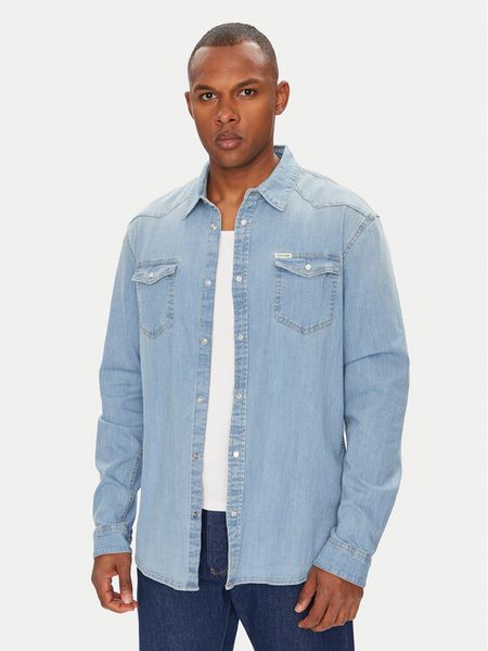 Guess Koszula jeansowa M4GH02 D3PF5 Niebieski Slim Fit. Niebieskie koszule męskie Guess, m, z aplikacjami, z bawełny, bez kołnierzyka, bez ramiączek. Za 239.99 zł.