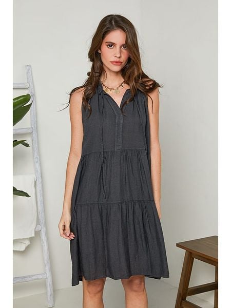 Rodier Lin Lniana sukienka w kolorze antracytowym rozmiar: M/L. Czarne sukienki damskie Rodier Lin, l, bez wzorów, ze lnu, bez kołnierzyka, bez ramiączek, midi. Za 153.71 zł.