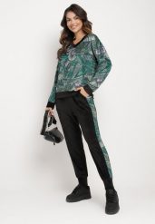 Zielono-Czarny Komplet Dresowy Welurowy Bluza w Abstrakcyjny Wzór Spodnie z Lampasami Ivalaria. Zielone bluzy bez kaptura damskie Born2be, z dresówki. Za 119.99 zł.