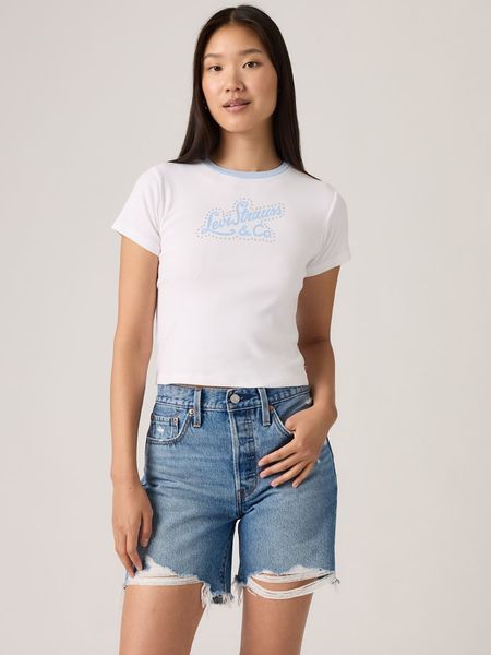 Levi's Koszulka w kolorze biało-błękitnym rozmiar: S. Białe bluzki damskie Levi's, s, bez wzorów, z bawełny, bez kołnierzyka, bez ramiączek. Za 75.34 zł.