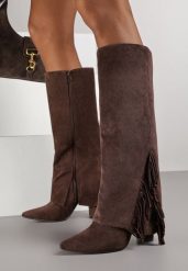 Brązowe Kozaki na Słupku z Wywiniętą Cholewką z Frędzlami Linadela. Brązowe kozaki damskie Born2be, z jeansu, bez obcasa, na obcasie. Za 179.99 zł.