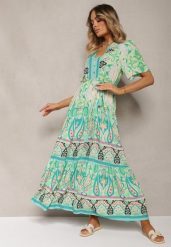 Zielona Boho Sukienka z Wiskozy z Ozdobnymi Guzikami i Cienkim Paskiem w Talii Dimosia. Zielone sukienki damskie Renee, na co dzień, na lato, l, bez wzorów, z wiskozy, boho, bez kołnierzyka, bez ramiączek, maxi, proste. W wyprzedaży za 83.99 zł.
