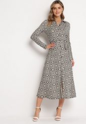Biało-Czarna Taliowana Sukienka Maxi z Materiałowym Paskiem w Geometryczny Print Filint. Czarne sukienki damskie Born2be, l, bez wzorów, z materiału, bez kołnierzyka, bez ramiączek, maxi. W wyprzedaży za 167.99 zł.