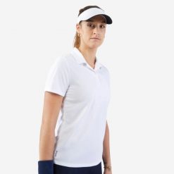 Koszulka polo tenisowa damska Artengo Dry Essential 100. Białe bluzki damskie KUIKMA, s, bez wzorów, z materiału, klasyczne, bez kołnierzyka, bez ramiączek. Za 29.99 zł.