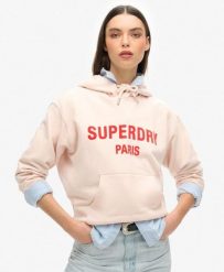 Luźna bluza z kapturem Sport Luxe. Fioletowe bluzy sportowe damskie Superdry., bez wzorów, z bawełny, bez ramiączek, z kapturem. Za 345.55 zł.