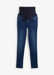Jeansy ciążowe z ocieplającą spodnią stroną, slim fit. Niebieskie jeansy damskie bonprix, moda ciążowa. Za 189.99 zł.