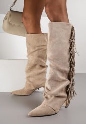 Ciemnobeżowe Kozaki na Szpilce w Stylu Boho Ozdobione Frędzlami Mevinavia. Brązowe kozaki damskie Renee, z jeansu, bez obcasa, na obcasie. Za 199.99 zł.