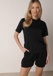 Czarny Letni Komplet z Bawełny i Wiskozy T-shirt i Szorty Celinai. Czarne szorty damskie Born2be, bez wzorów, z bawełny, eleganckie. Za 109.99 zł.