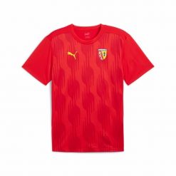 Koszulka przedmeczowa RC Lens 2024/25. Czerwone bluzki damskie Puma, bez wzorów, ze lnu, sportowe, bez kołnierzyka, bez ramiączek. W wyprzedaży za 242.25 zł.