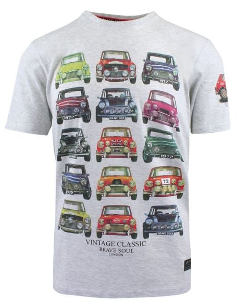 Bawełniany T-Shirt, Męski - Brave Soul - Retro Auta - Popielaty. Szare t-shirty męskie Brave Soul, na lato, l, bez wzorów, z bawełny, bez kołnierzyka. Za 57.00 zł.
