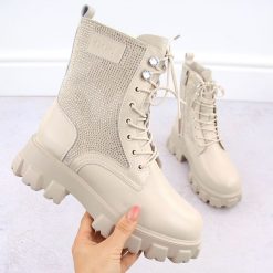 Skórzane botki damskie z cyrkoniami beżowe Goe OO2N4108. Brązowe botki damskie GOE, z materiału, eleganckie, bez obcasa, bez zapięcia. Za 240.00 zł.