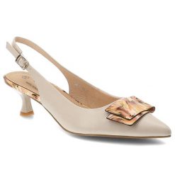 Czółenka damskie S.Barski, slingback ze skóry naturalnej z ozdobną aplikacją dekoracyjnym obcasem i regulowanym paskiem, beżowe, LZ61-2006. Brązowe czółenka damskie S.BARSKI, z aplikacjami, ze skóry, bez obcasa, na obcasie. Za 233.90 zł.