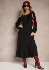 Czarna Sukienka Ozdobiona Falbanami o Rozkloszowanym Kroju Alleira. Czarne sukienki damskie Renee, na co dzień, z aplikacjami, eleganckie, bez kołnierzyka, bez ramiączek, maxi, proste. W wyprzedaży za 79.99 zł.