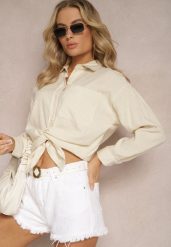 Beżowa Elegancka Koszula Bawełniana z Klasycznym Wzorem w Paski Lervana. Brązowe koszule damskie Renee, l, bez wzorów, z bawełny, eleganckie, bez kołnierzyka, bez ramiączek. Za 79.99 zł.