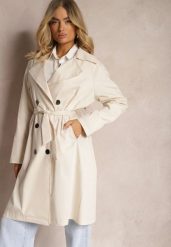 Beżowy Dwurzędowy Płaszcz o Fasonie Klasycznego Trencza z Paskiem Abelara. Brązowe płaszcze damskie Renee, na wiosnę, bez wzorów, eleganckie. Za 179.99 zł.