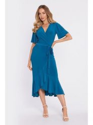 Made of emotion Sukienka w kolorze niebieskim rozmiar: L. Niebieskie sukienki damskie Made Of Emotion, l, bez wzorów, bez kołnierzyka, bez ramiączek, midi, kopertowe. Za 234.99 zł.