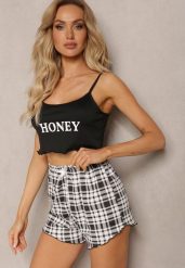 Czarno-Biały Komplet Piżamowy Spodenki High Waist i Krótki Top Urssa. Czarne piżamy damskie Renee, xl, bez wzorów, bez ramiączek. Za 14.99 zł.