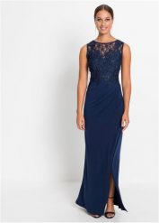 Długa sukienka z koronką. Niebieskie sukienki damskie bonprix, bez wzorów, z koronki, eleganckie, bez kołnierzyka, bez ramiączek, maxi. Za 289.99 zł.