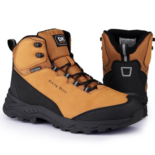 Buty zimowe męskie trekkingowe DK HIKER. Brązowe buty trekkingowe męskie DK, na zimę, bez zapięcia. Za 169.00 zł.