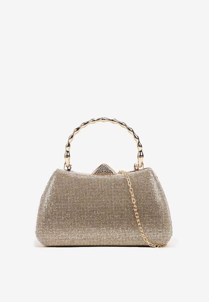 Złota Torebka Kopertówka na Ramię i do Ręki z Ozdobną Rączką i Cyrkoniami Latanella. Żółte torebki klasyczne damskie Renee, z aplikacjami, bez kołnierzyka, bez ramiączek. Za 119.99 zł.