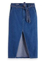 Scotch & Soda Spódnica dżinsowa w kolorze niebieskim rozmiar: XL. Niebieskie spódniczki damskie Scotch & Soda, xl, bez wzorów, z tkaniny, z podwyższonym stanem, midi, proste. Za 167.28 zł.