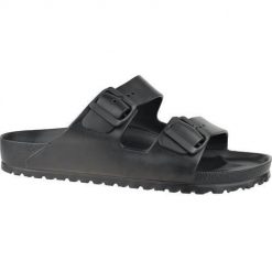 Klapki damskie Birkenstock Arizona W Eva. Czarne klapki damskie Birkenstock, bez wzorów, z materiału, bez obcasa. Za 249.99 zł.