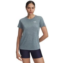 Koszulka treningowa damska Under Armour Tech Twist jasper blue/white. Niebieskie bluzki damskie Under Armour, bez wzorów, bez kołnierzyka. Za 94.99 zł.