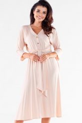 Casualowa Midi Sukienka - Beżowa. Brązowe sukienki damskie Awama, l, bez wzorów, z elastanu, wizytowe, bez kołnierzyka, bez ramiączek, midi. Za 286.90 zł.