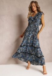 Granatowo-Czarna Wiskozowa Sukienka Maxi z Pomponami i Gumką w Talii Belmona. Niebieskie sukienki damskie Renee, na imprezę, na lato, m, bez wzorów, z wiskozy, bez kołnierzyka, bez ramiączek, maxi, rozkloszowane. W wyprzedaży za 69.99 zł.