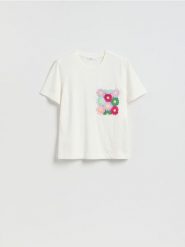 T-shirt z haftem - biały. Białe t-shirty damskie Reserved, l, bez wzorów, z bawełny, bez kołnierzyka. Za 79.99 zł.