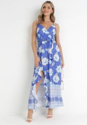 Niebieska Sukienka Maxi na Cienkich Ramiączkach i Materiałowym Paskiem Adakila. Niebieskie sukienki damskie Born2be, m, bez wzorów, z materiału, eleganckie, bez kołnierzyka, bez ramiączek, maxi. Za 69.99 zł.