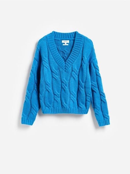 Sweter z wełną - niebieski. Niebieskie swetry klasyczne damskie Reserved, l, z dzianiny, bez kołnierzyka. Za 279.99 zł.