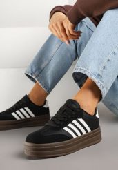 Czarno-Białe Sneakersy Kultowe Tenisówki na Grubej Podeszwie z Tłoczeniami Ellimia. Czarne trampki i tenisówki damskie Renee, bez wzorów, z jeansu. Za 99.99 zł.