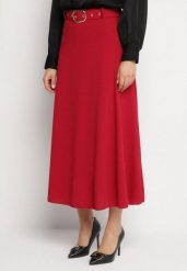 Bordowa Rozkloszowana Spódnica z Wysokim Stanem Ozdobiona Paskiem z Klamrą Lobir. Czerwone spódniczki damskie Born2be, uniwersalny, bez wzorów, eleganckie, z podwyższonym stanem, maxi, koszulowe. Za 69.99 zł.