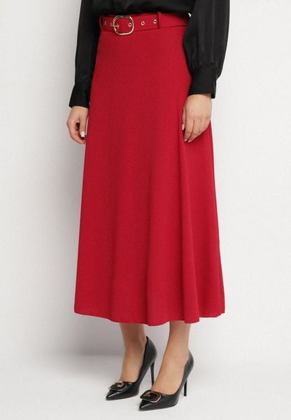 Bordowa Rozkloszowana Spódnica z Wysokim Stanem Ozdobiona Paskiem z Klamrą Lobir. Czerwone spódniczki damskie Born2be, uniwersalny, bez wzorów, eleganckie, z podwyższonym stanem, maxi, koszulowe. Za 59.99 zł.