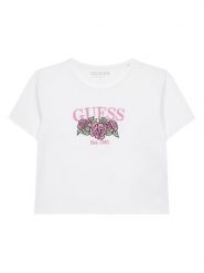 Guess T-Shirt J6RI06 K6YW4 Biały Regular Fit. Białe koszulki dziewczęce Guess, z aplikacjami, z bawełny, bez ramiączek. Za 119.99 zł.
