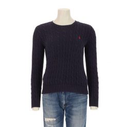Second life - Damski sweter z grubym splotem cable knit - Stan bardzo dobry. Niebieskie golfy damskie Ralph Lauren, bez wzorów, ze splotem, bez ramiączek. Za 255.56 zł.