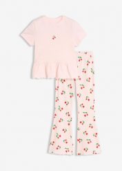 Koszulka i rozkloszowane legginsy (komplet 2-cz.). Czerwone koszulki dziewczęce bonprix, bez wzorów, bez ramiączek. Za 64.99 zł.