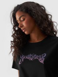4F T-shirt regular z nadrukiem damski - czarny L. Czarne t-shirty damskie 4f, l, bez wzorów, z bawełny, bez kołnierzyka. W wyprzedaży za 29.99 zł.