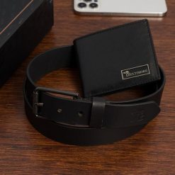 Zestaw prezentowy męski skórzany pasek portfel pudełko premium czarny Beltimore Z22. Czarne paski męskie bez wzorów. Za 129.99 zł.