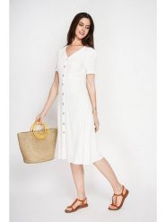 Le Jardin du Lin Lniana sukienka w kolorze białym rozmiar: 42. Białe sukienki damskie Le jardin du lin, bez wzorów, ze lnu, bez kołnierzyka, bez ramiączek, midi. Za 152.99 zł.