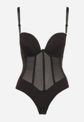 Czarne Dopasowane Body z Siateczkowymi Zdobieniami Lunadriela. Czarne body damskie Born2be, z aplikacjami, z jeansu. Za 59.99 zł.