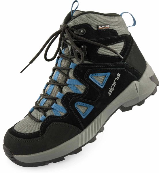 Męskie buty trekkingowe Alpina Tracker Mid Blue. Niebieskie buty trekkingowe męskie Alpina, ze skóry, bez zapięcia. Za 427.99 zł.