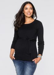 Sweter ciążowy z 100% bawełny, z wiązanym paskiem. Czarne swetry klasyczne damskie bonprix, z bawełny, bez kołnierzyka, moda ciążowa. Za 99.99 zł.